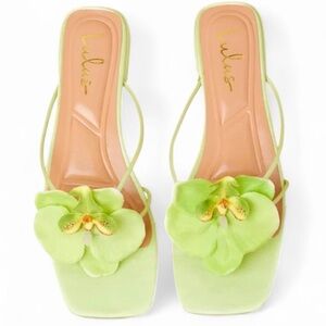 Lulus Florra Lime Green Satin Floral Appliqué Low Heel Slide Sandals